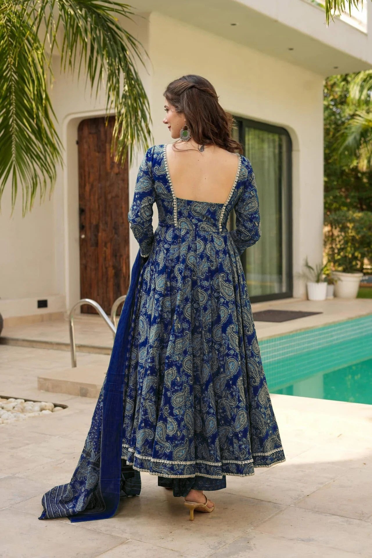 Blue Printed Anarkali Suit Set for Women