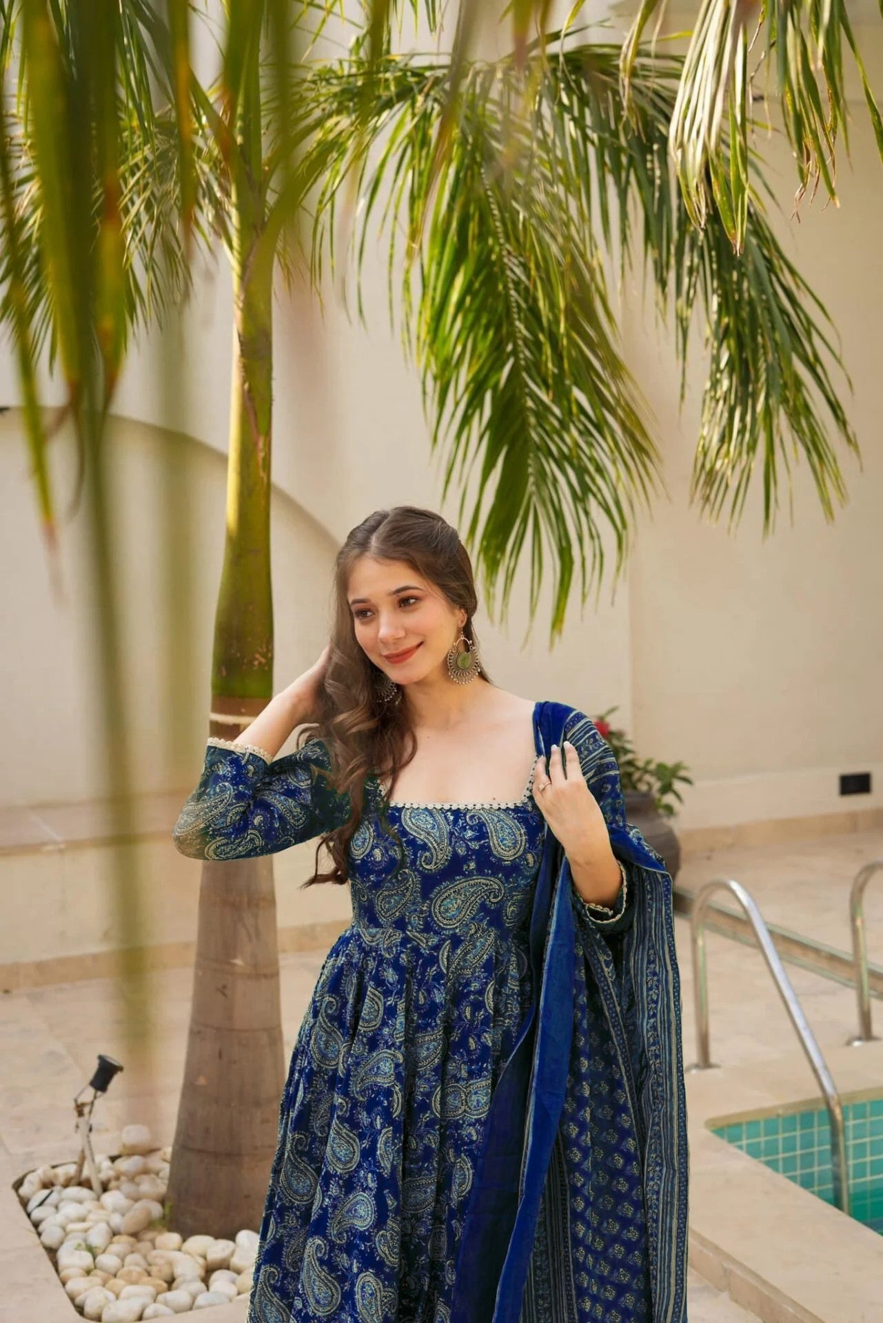Blue Printed Anarkali Suit Set for Women