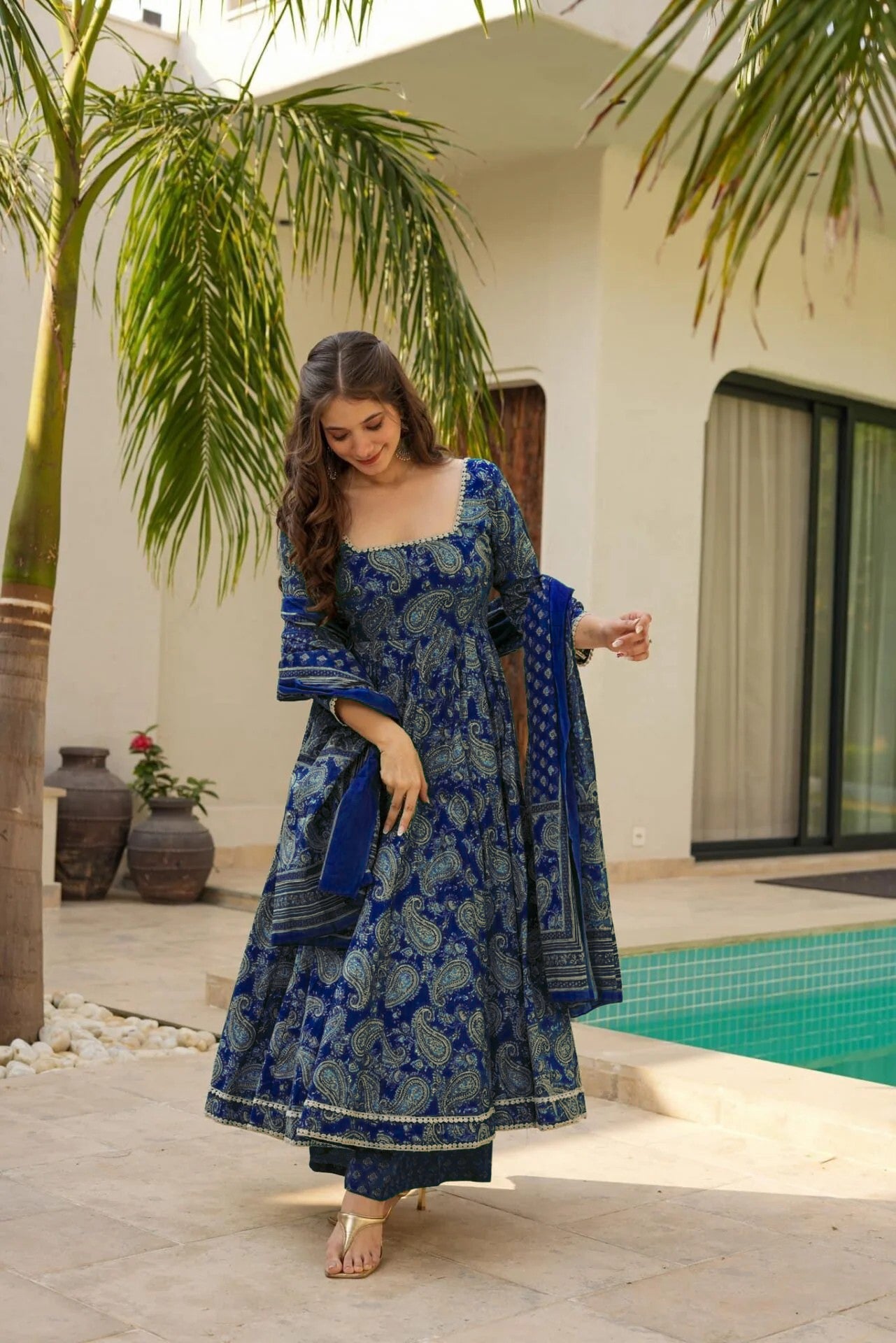 Blue Printed Anarkali Suit Set for Women