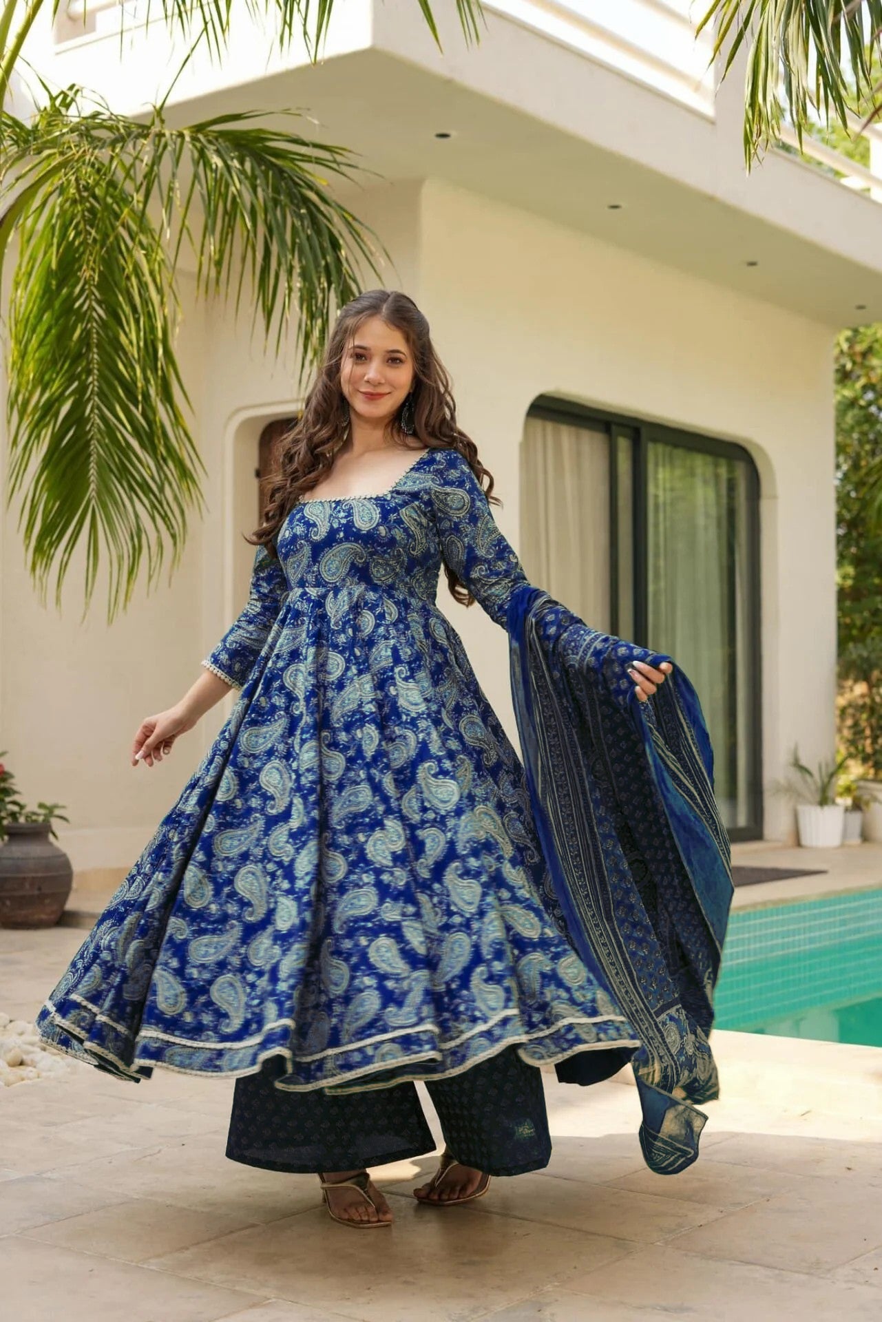 Blue Printed Anarkali Suit Set for Women