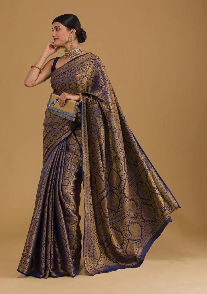 Navy Blue Banarasi Silk Saree with Gold Zari