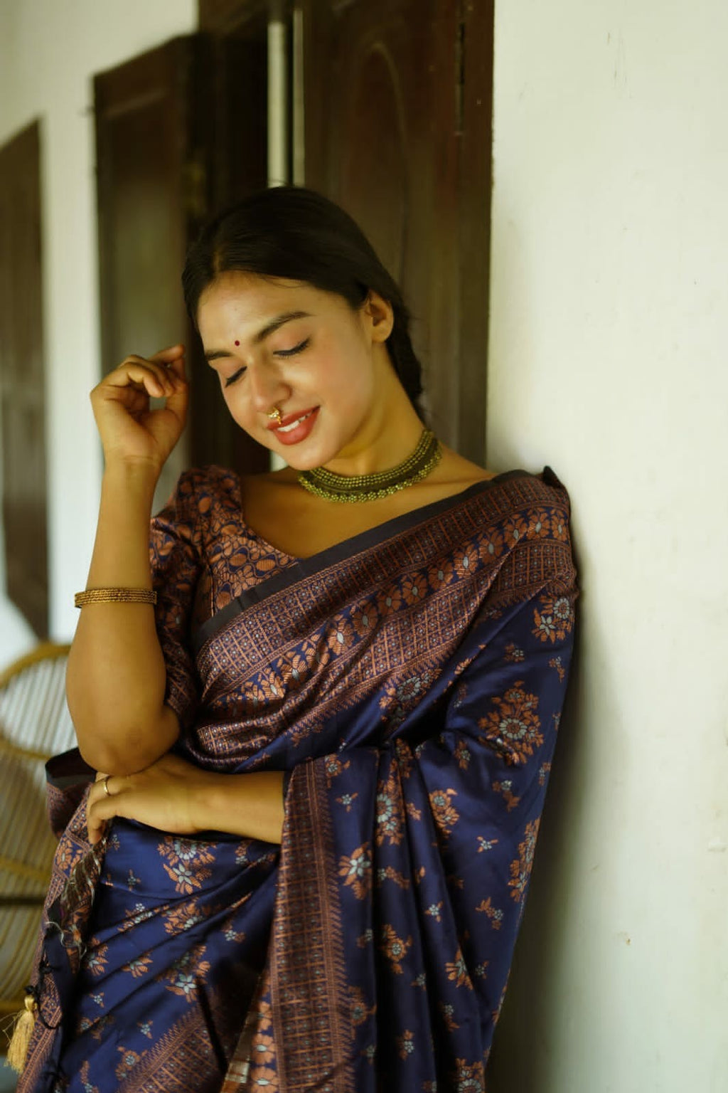 Navy Blue Silk Saree with Copper Floral Motifs