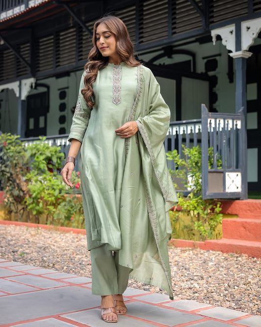 "Elegant Olive Green Embroidered Kurta Set with Dupatta"