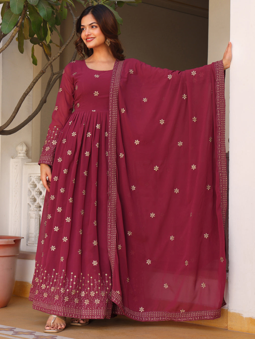 Party Wear Embroidered Onion Gown Set
