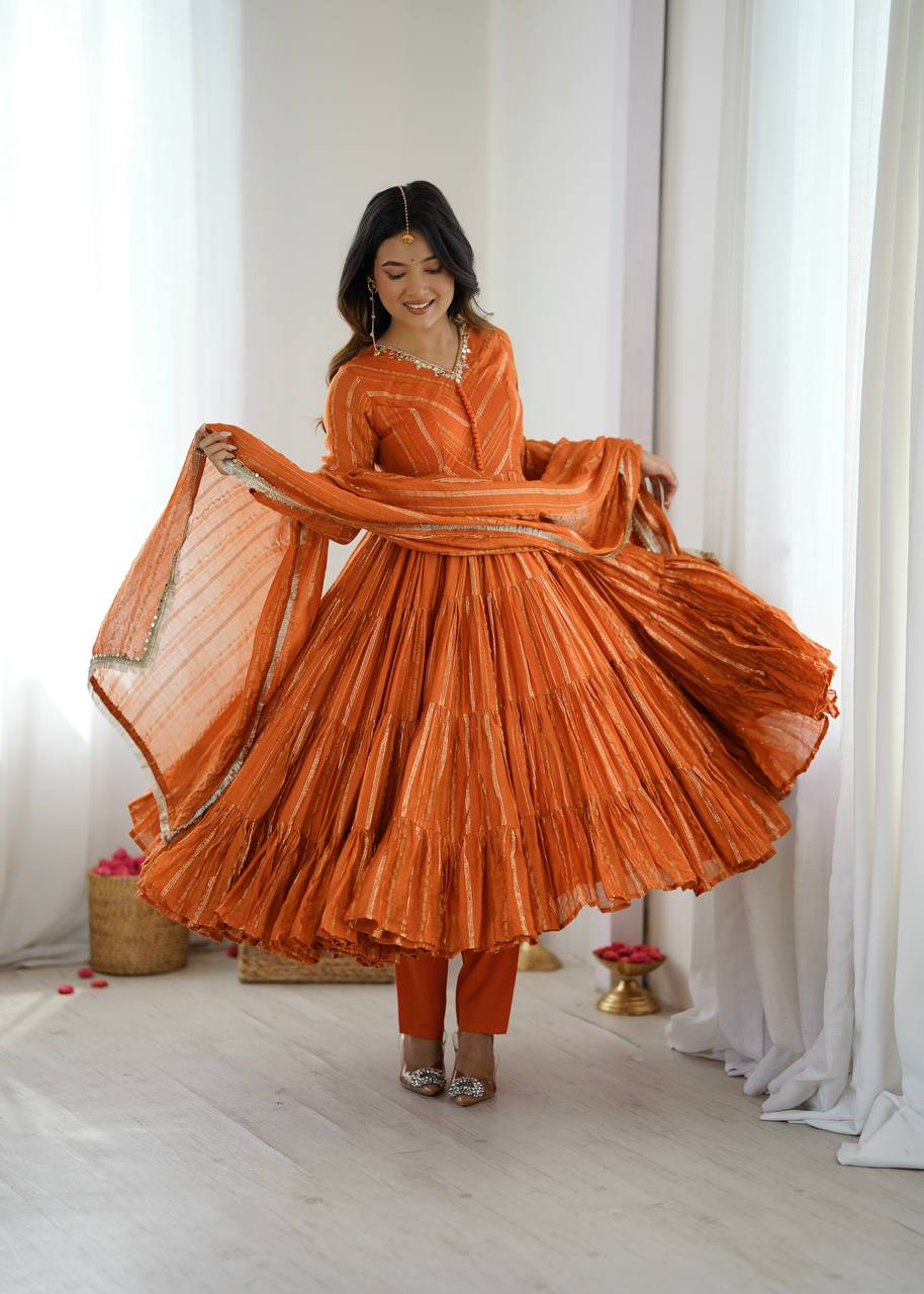 Orange Flared Anarkali Suit Set with Dupatta