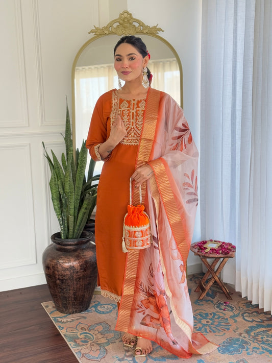 Rust Orange Embroidered Kurta Set with Floral Dupatta