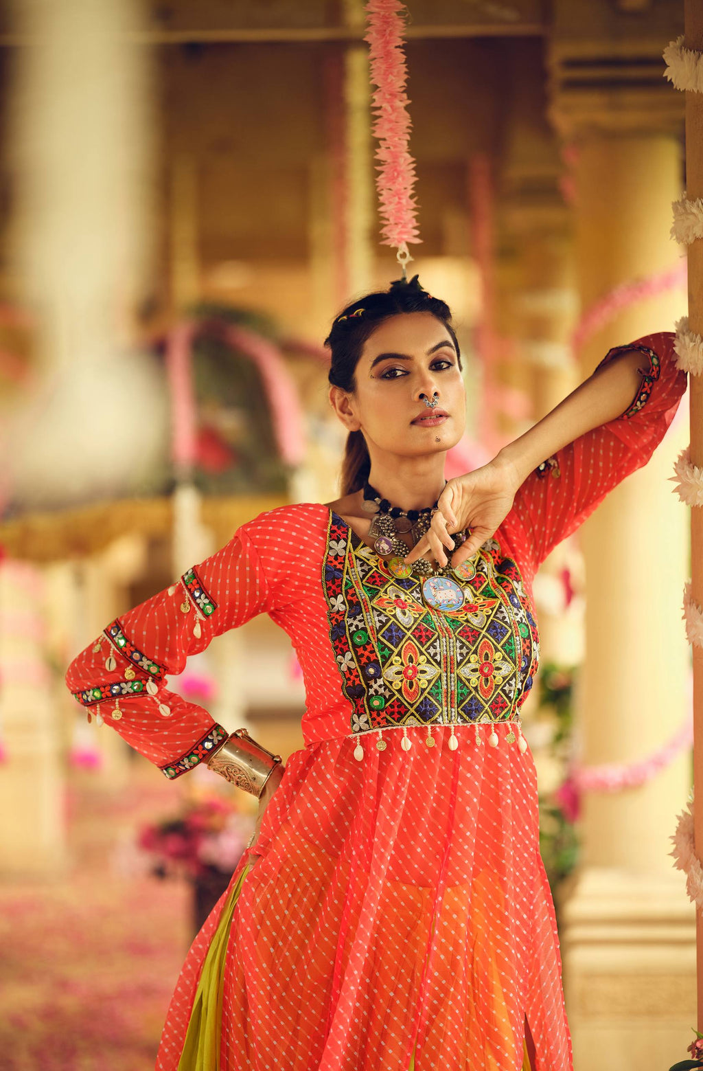 Orange Lehenga Set with Multicolor Embroidered Jacket
