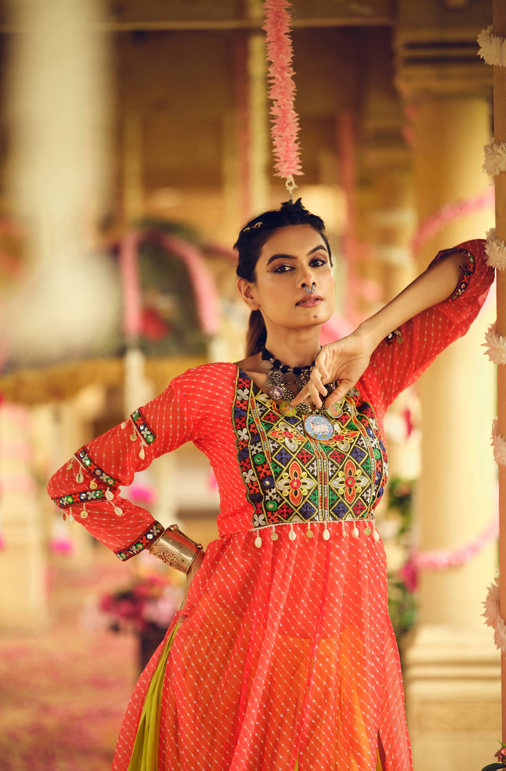 Orange Lehenga Set with Multicolor Embroidered Jacket