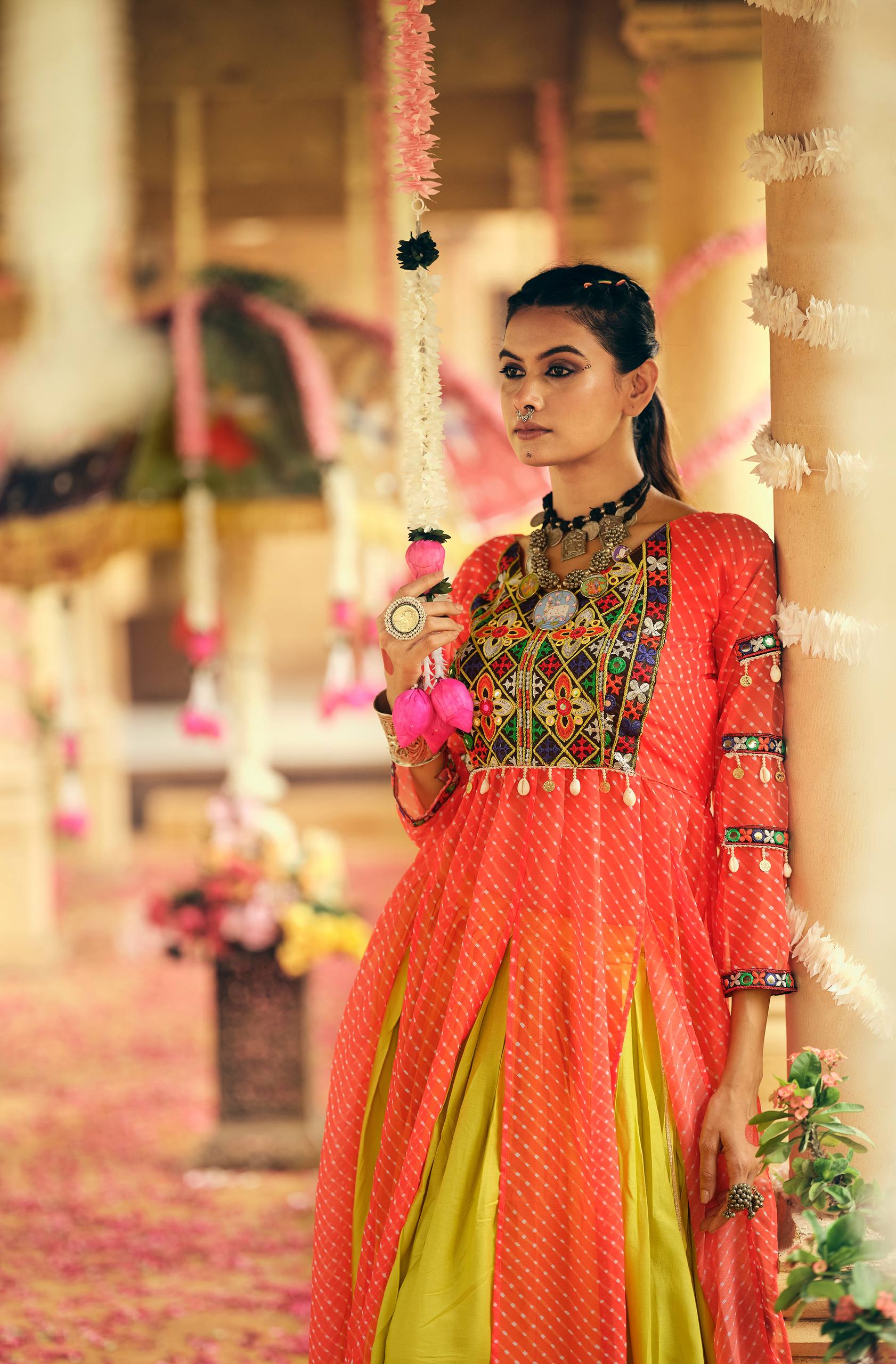 Orange Lehenga Set with Multicolor Embroidered Jacket