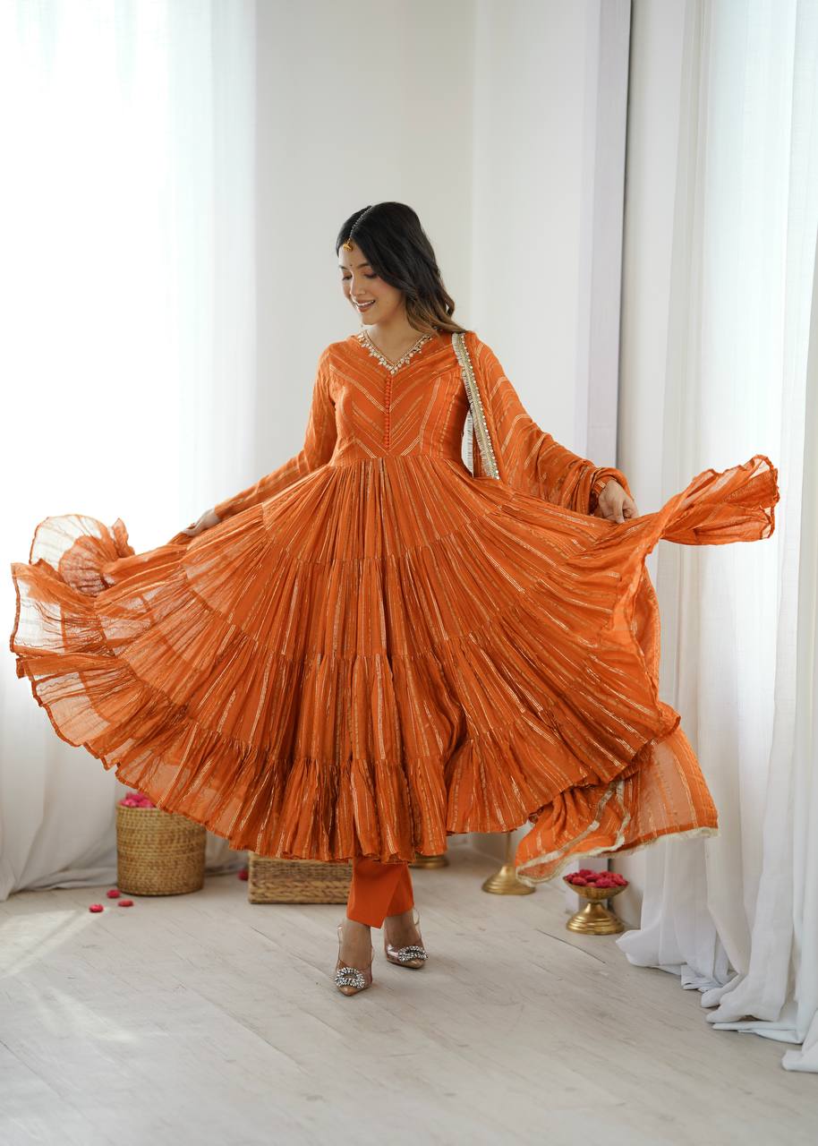 Orange Flared Anarkali Suit Set with Dupatta