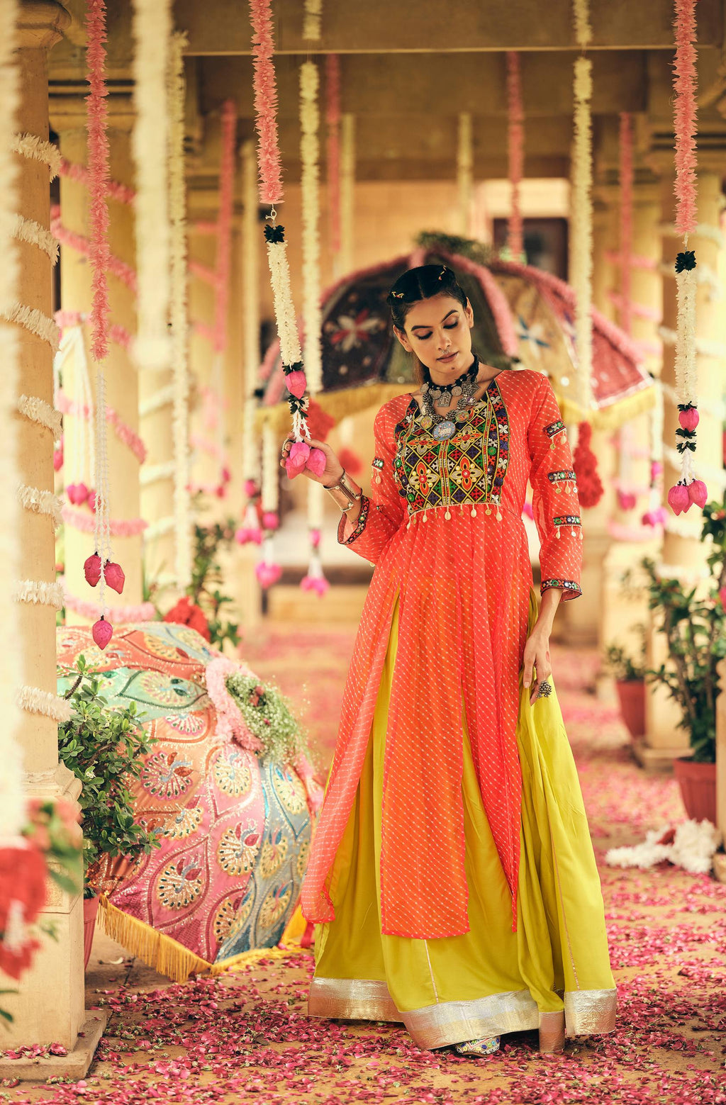 Orange Lehenga Set with Multicolor Embroidered Jacket