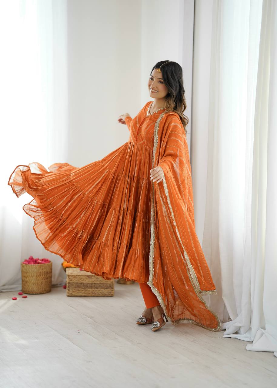 Orange Flared Anarkali Suit Set with Dupatta