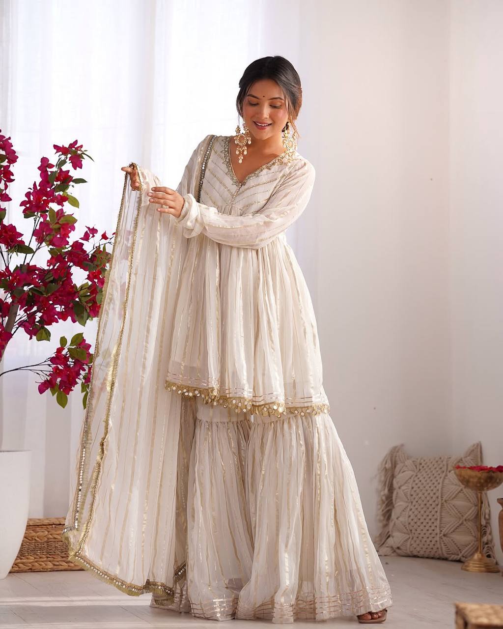 Metallic Stripe Sharara Suit Set with Dupatta