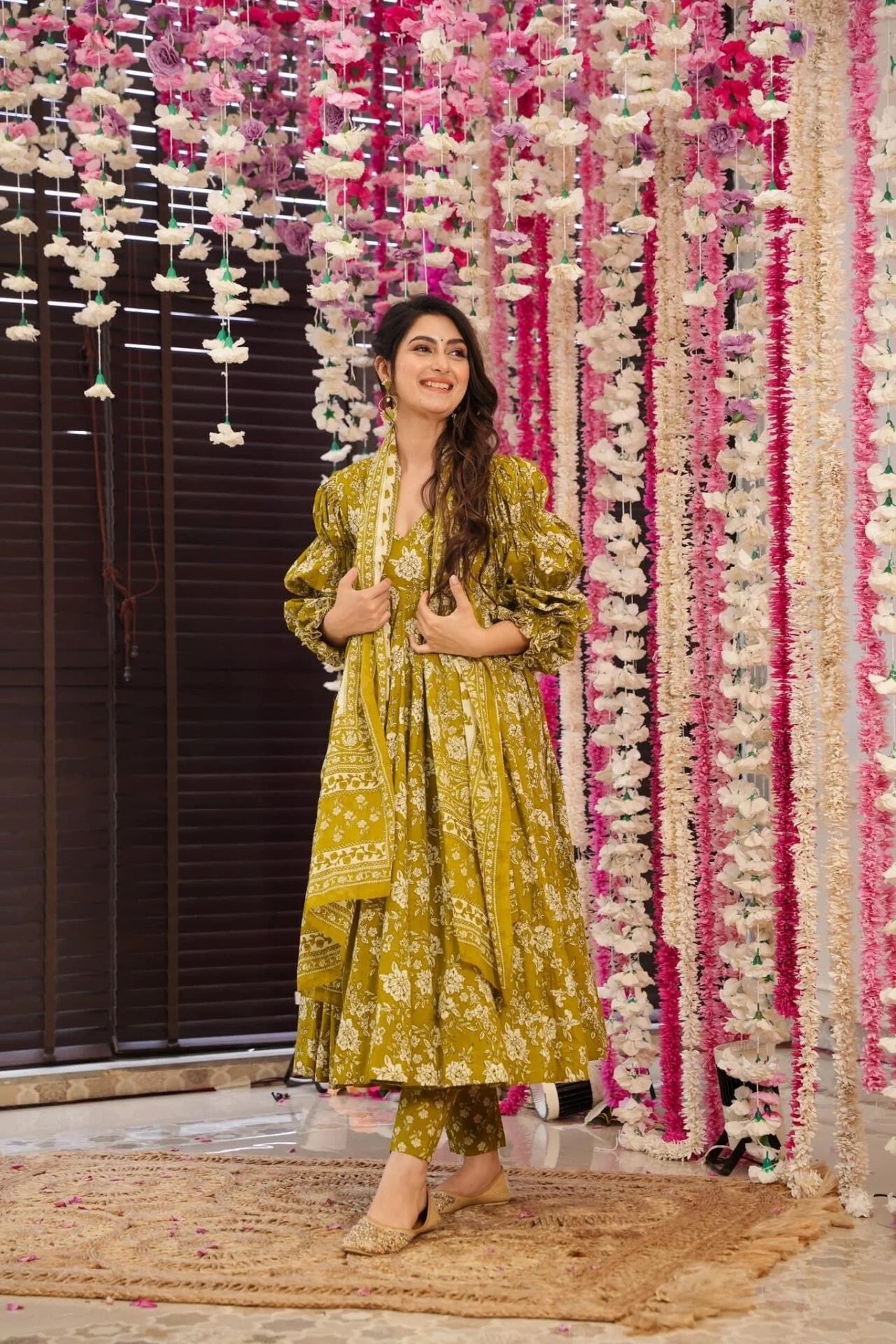 Olive Green Printed Kurta Set for Women