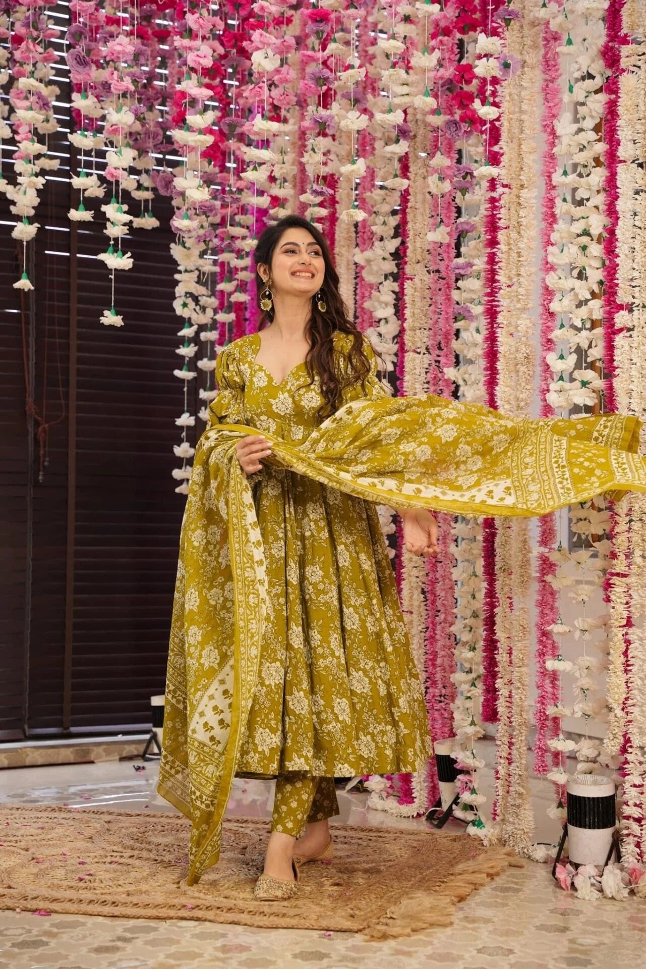Olive Green Printed Kurta Set for Women