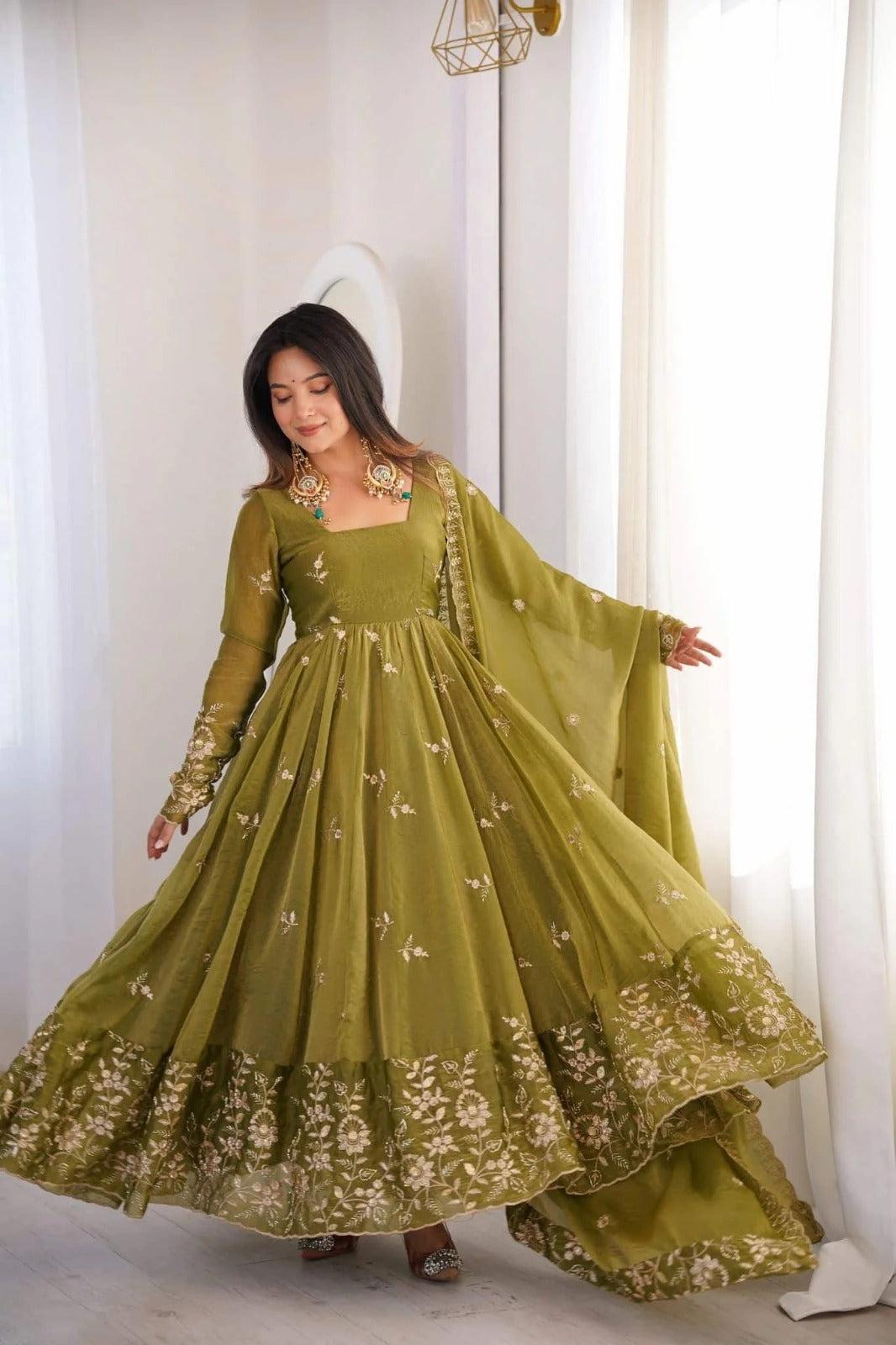Olive Green Anarkali Suit with Floral Embroidery