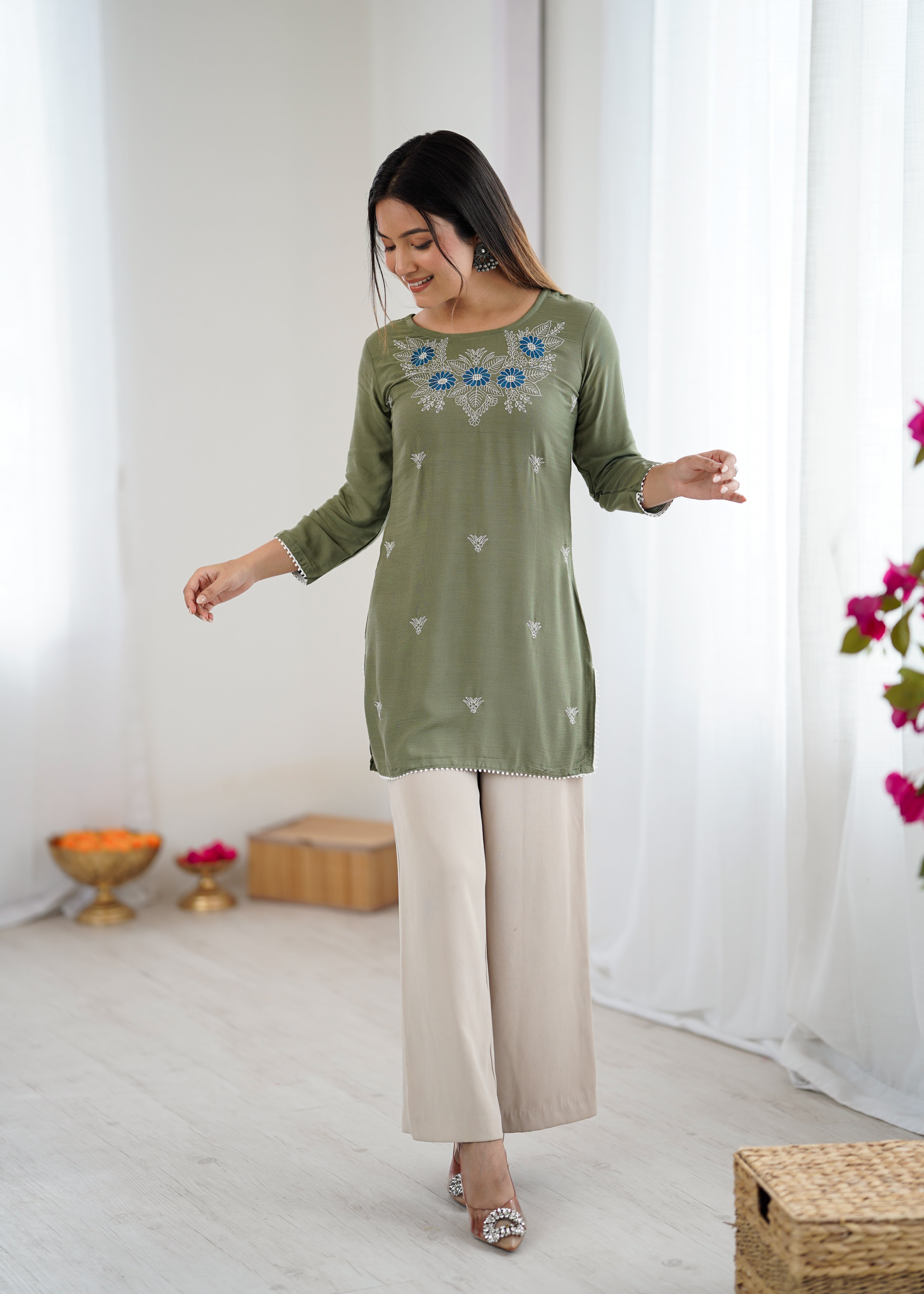 Olive Green Embroidered Kurti for Women