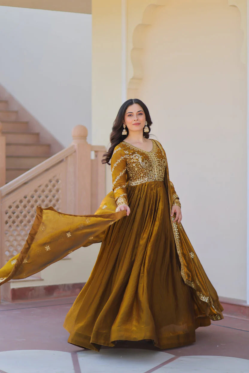 Heavy Yoke Embroidered Silk Anarkali Suit Set