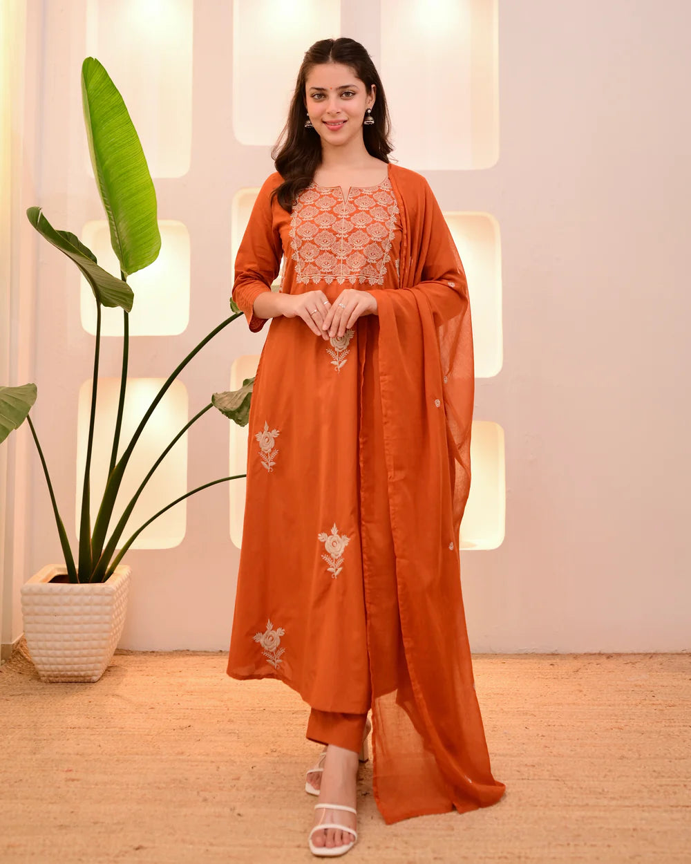 Rust Orange Embroidered Kurta Set with Dupatta