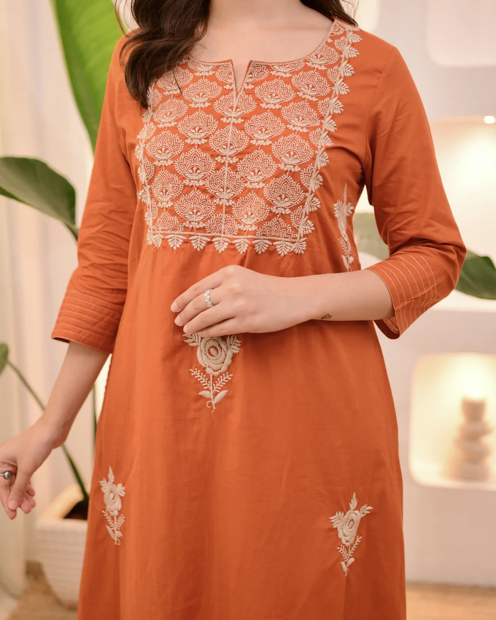 Rust Orange Embroidered Kurta Set with Dupatta