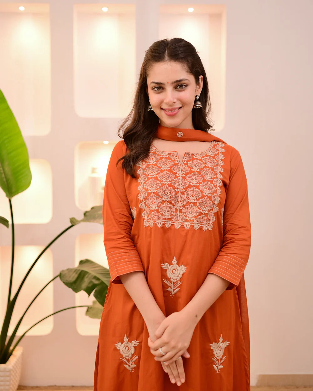 Rust Orange Embroidered Kurta Set with Dupatta