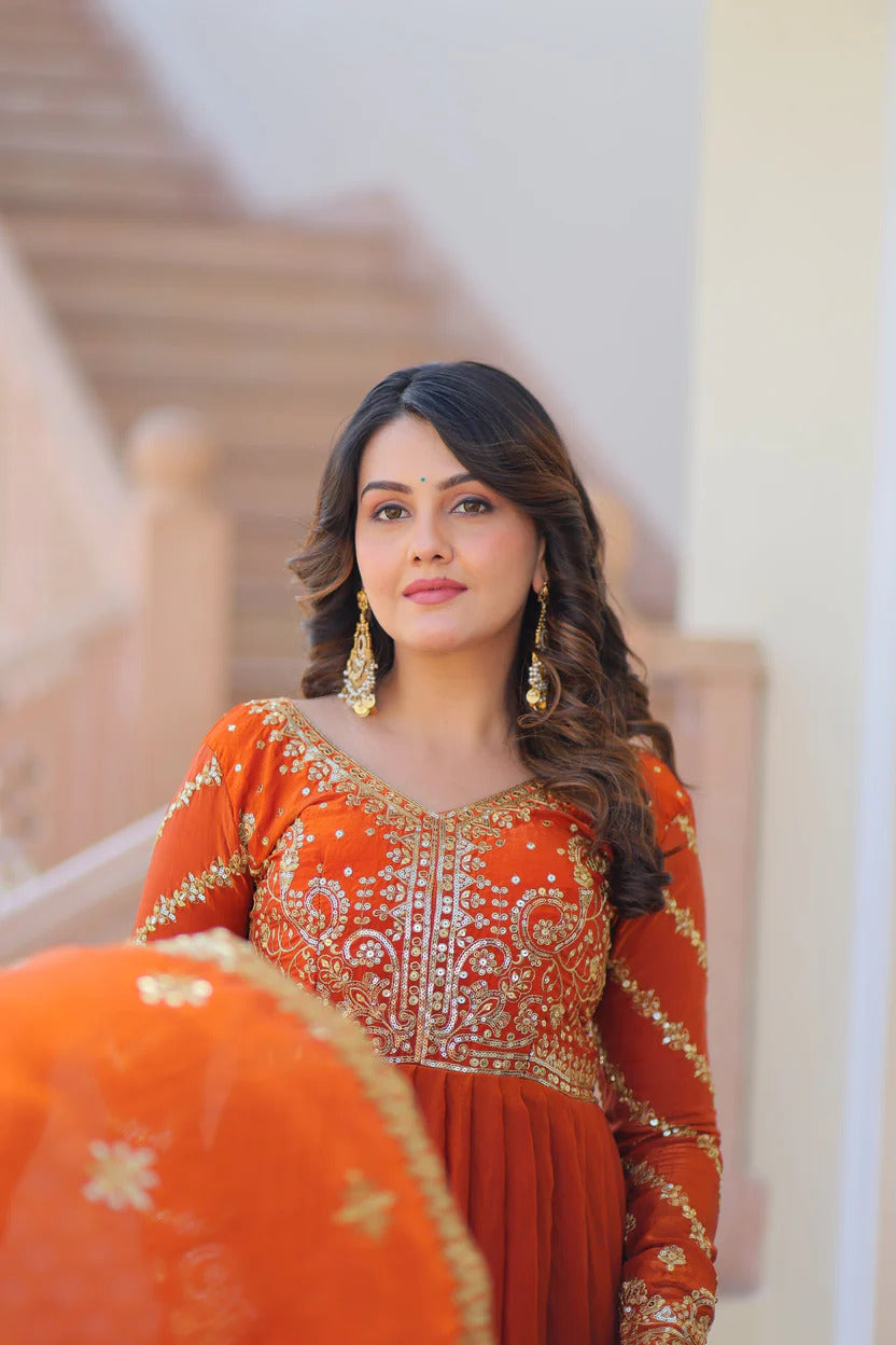 Heavy Yoke Embroidered Silk Anarkali Suit Set