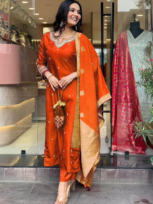 "Festive Radiance: Rust Orange Silk Kurta Set with Banarasi Dupatta"