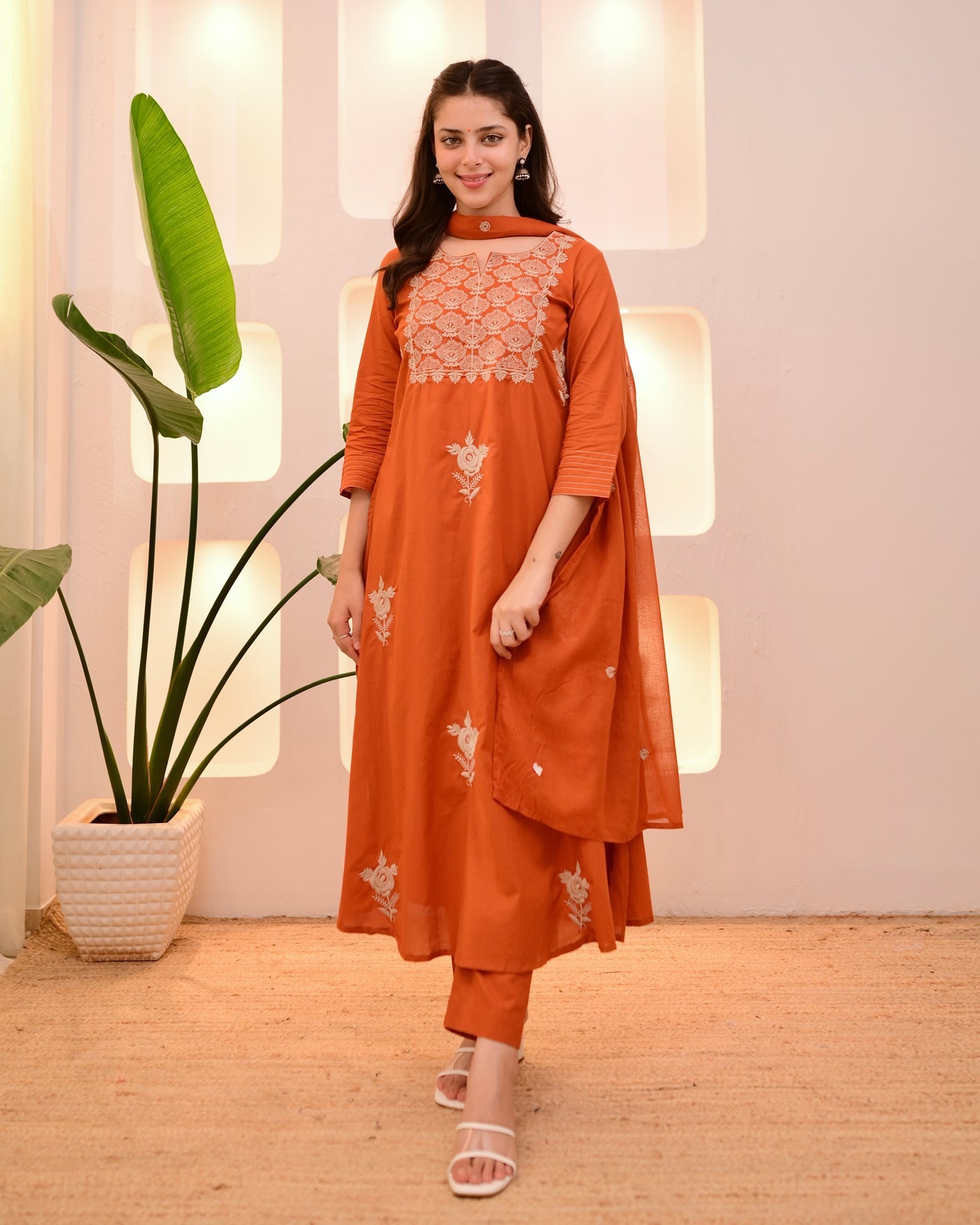 Rust Orange Embroidered Kurta Set with Dupatta