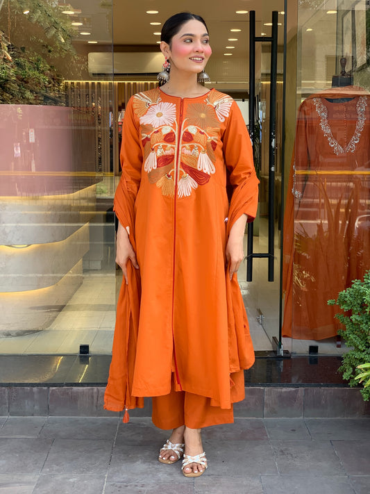 Radiant Orange Kurta Set with Chic Embellishments