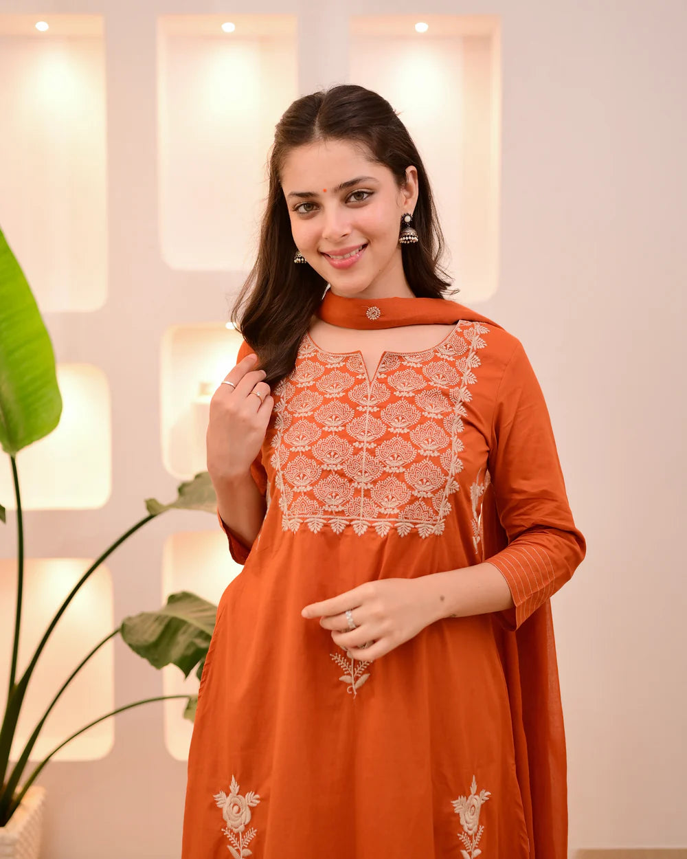 Rust Orange Embroidered Kurta Set with Dupatta