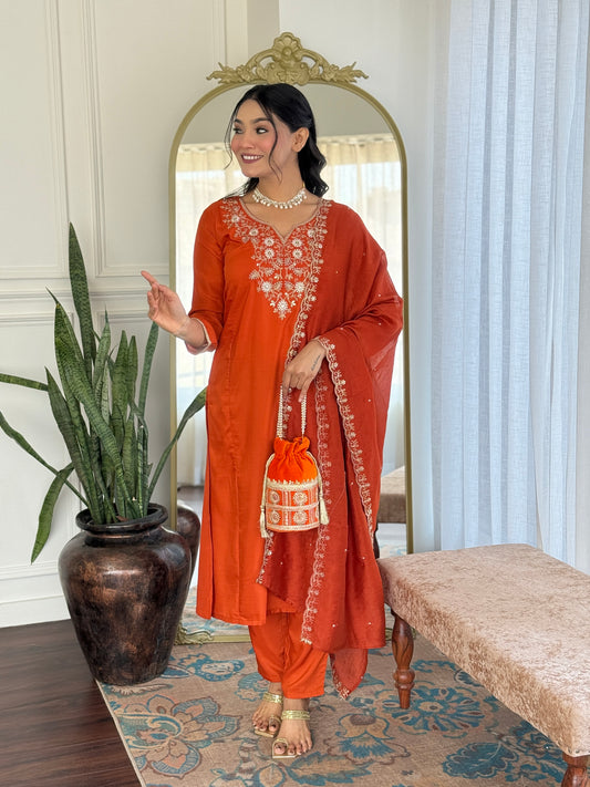"Elegant Bloom: Orange Cotton Kurta Set with White Floral Print & Dupatta"