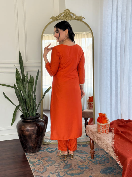 "Elegant Bloom: Orange Cotton Kurta Set with White Floral Print & Dupatta"