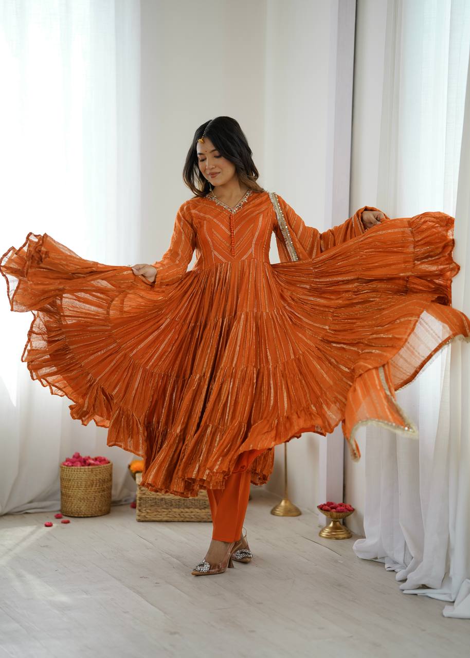 Orange Flared Anarkali Suit Set with Dupatta