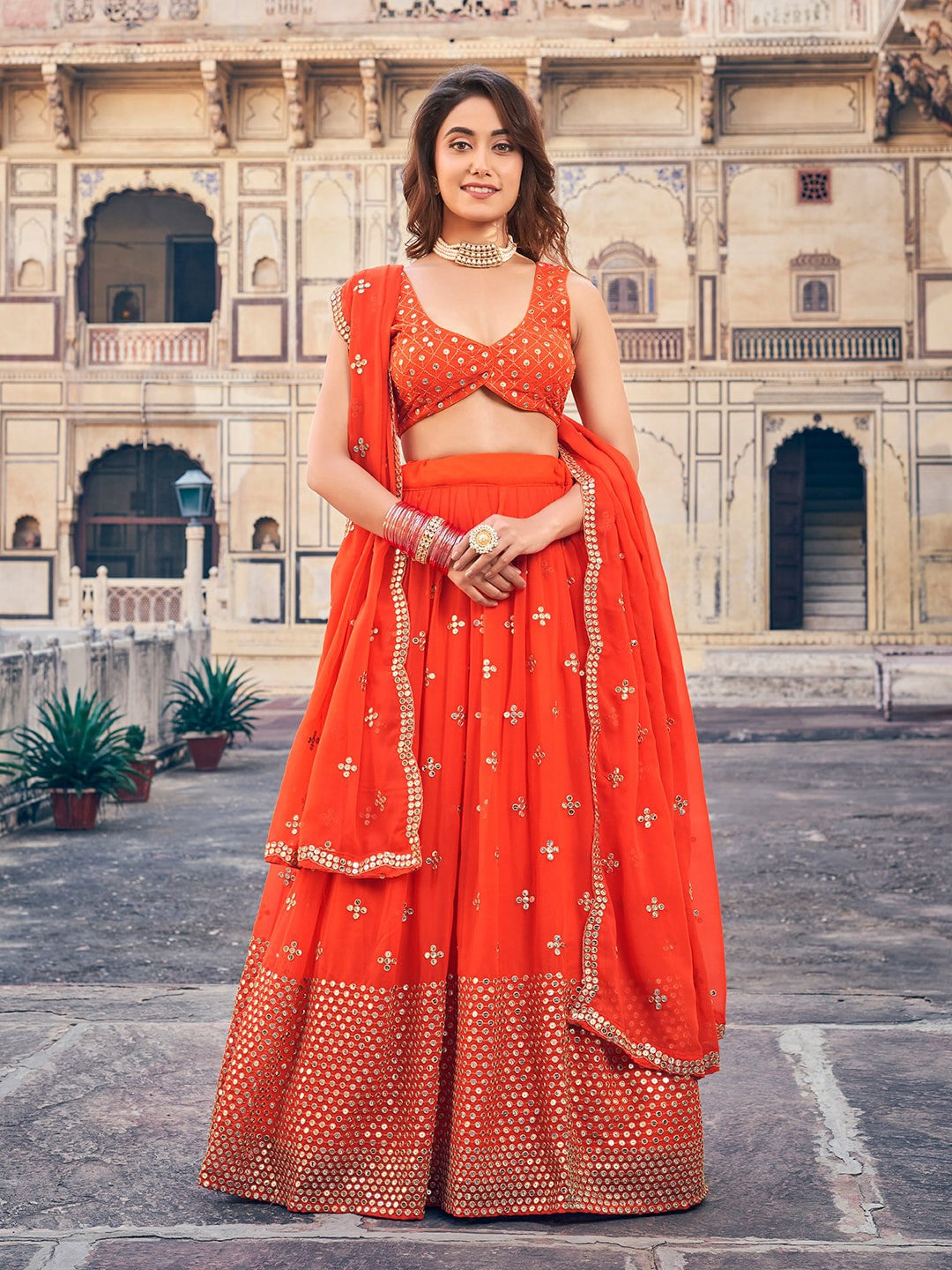 Orange Lehenga Set with Gold Embroidery