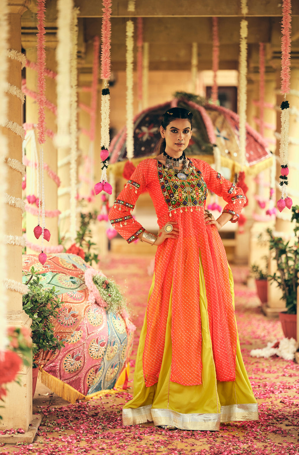 Orange Lehenga Set with Multicolor Embroidered Jacket