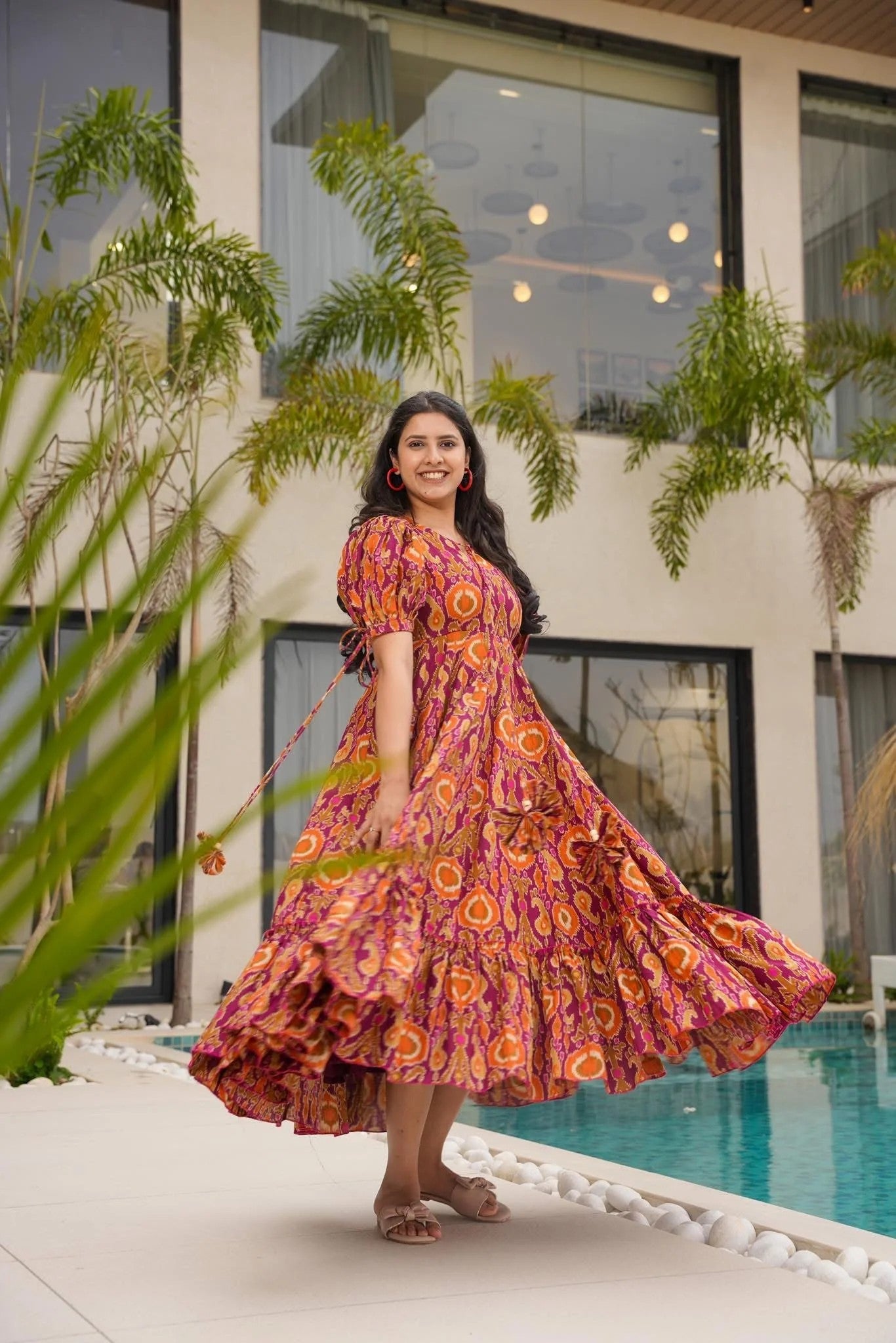 Orange & Pink Printed Tiered Maxi Dress for Women