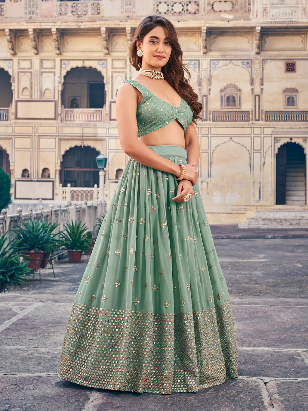 Pista Green Lehenga Set with Gold Embroidery