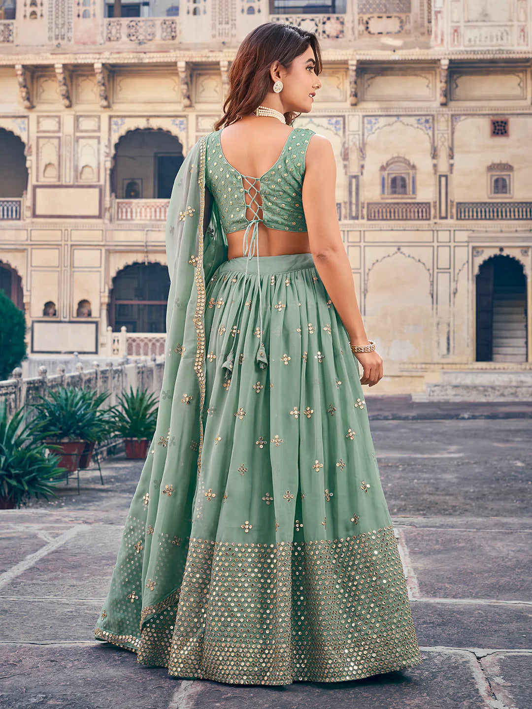 Pista Green Lehenga Set with Gold Embroidery