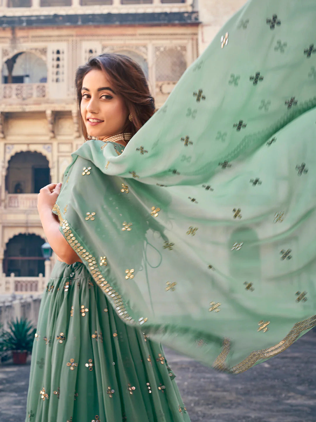 Pista Green Lehenga Set with Gold Embroidery