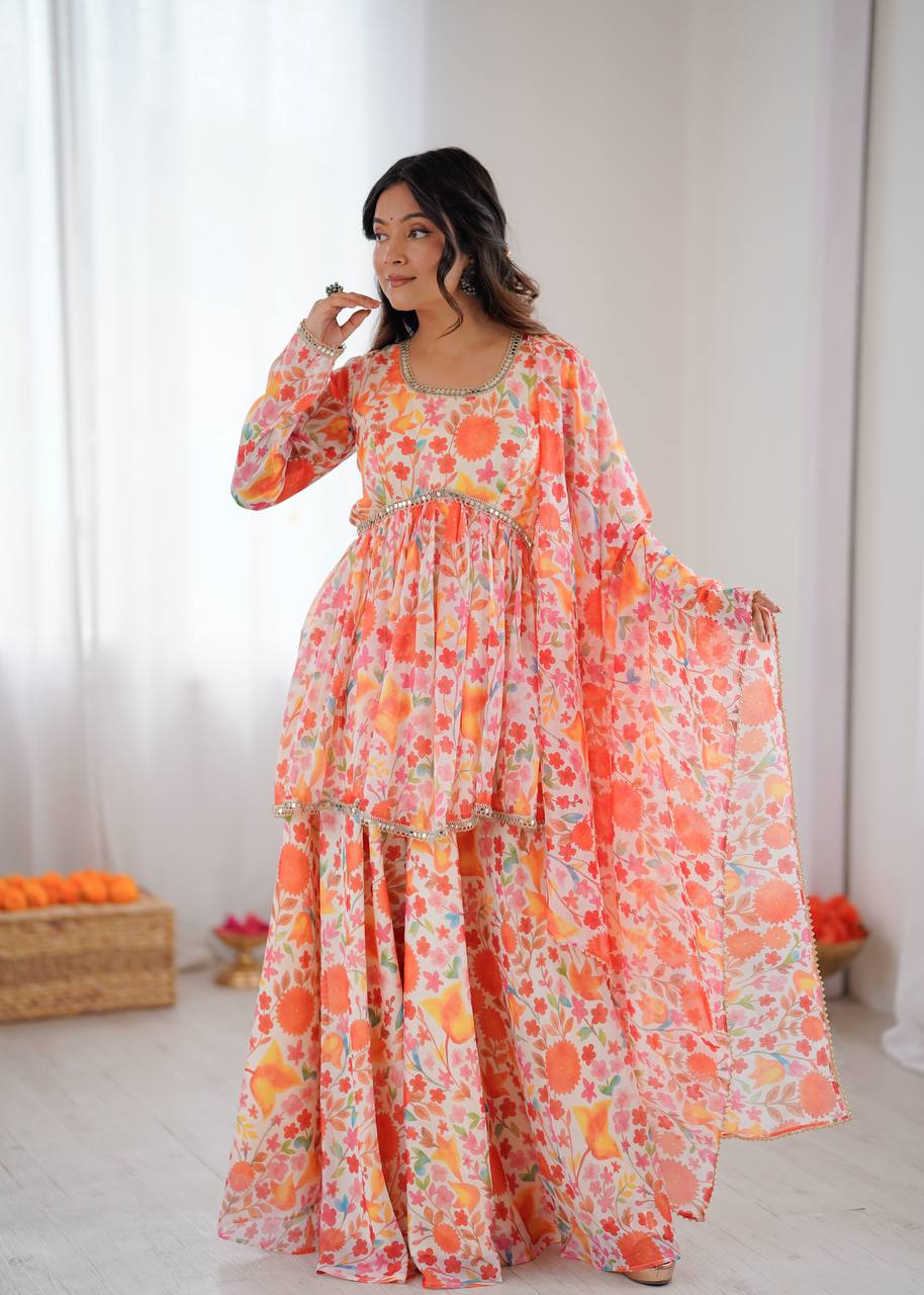 Peach Floral Anarkali Kurta Set for Women