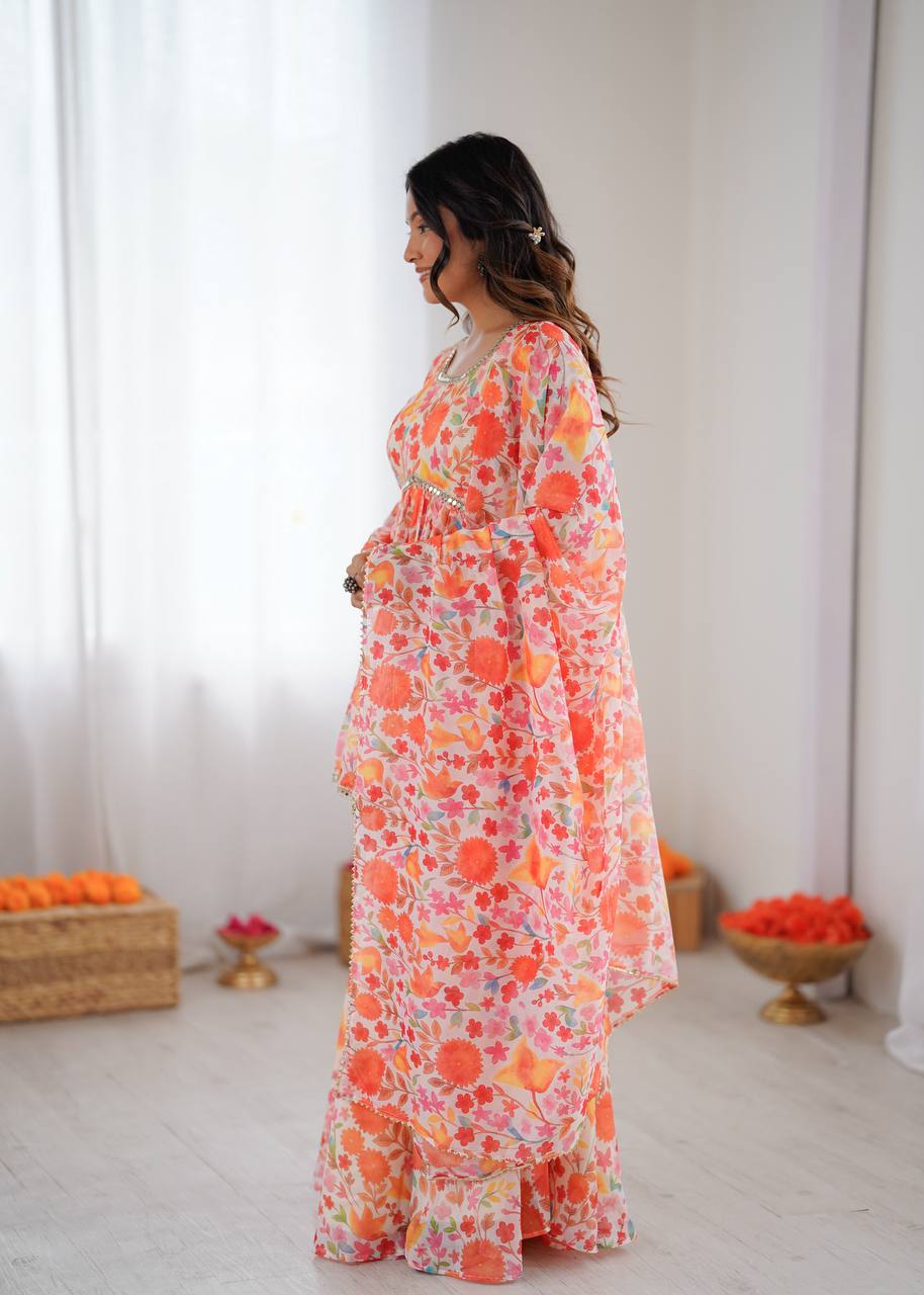 Peach Floral Anarkali Kurta Set for Women