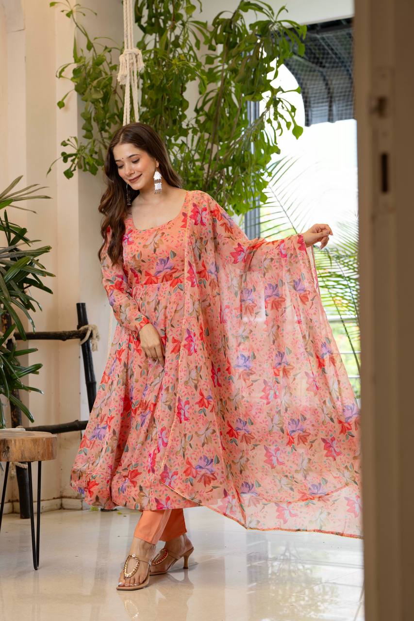 Peach Floral Anarkali Kurta Set for Women