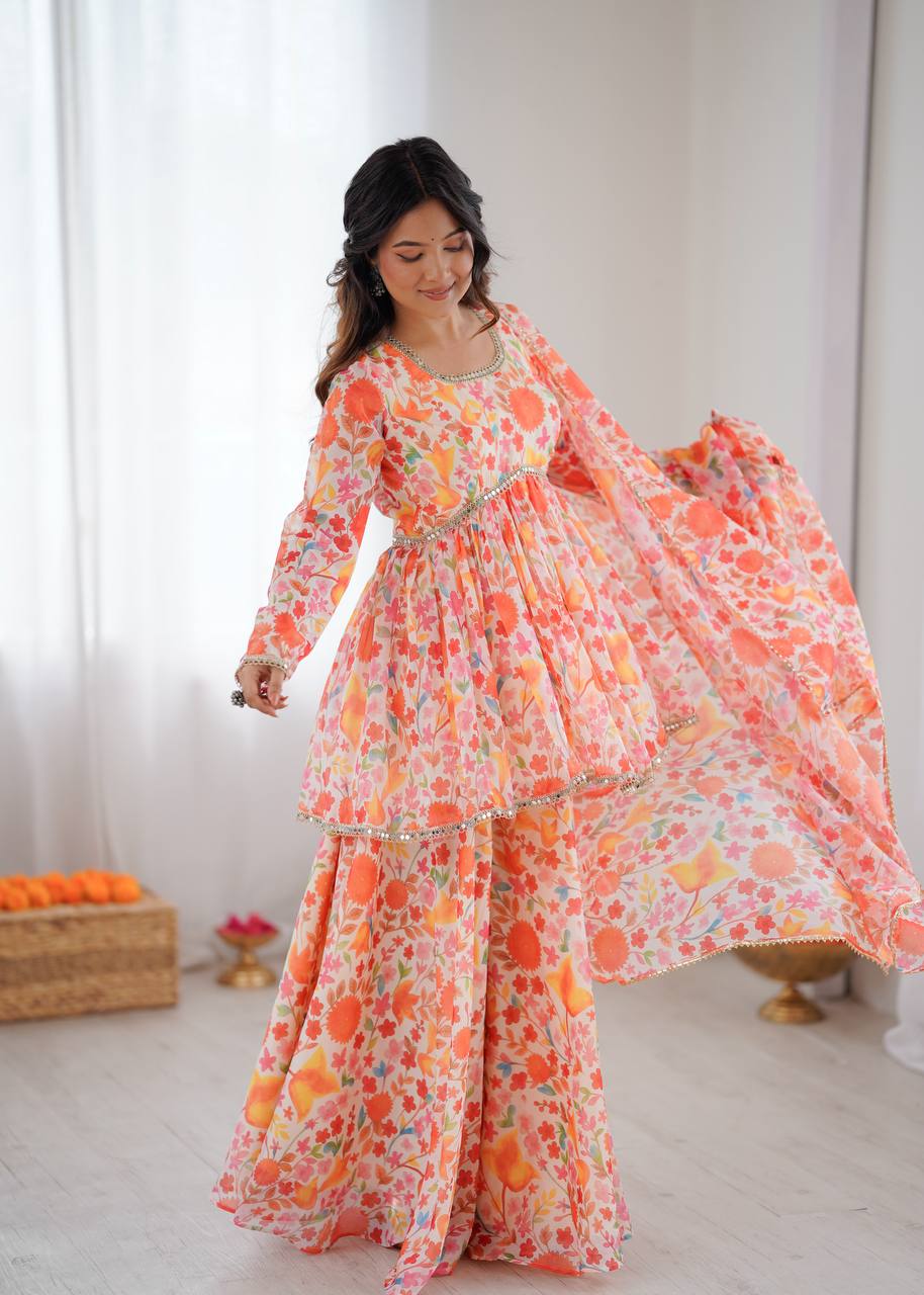 Peach Floral Anarkali Kurta Set for Women