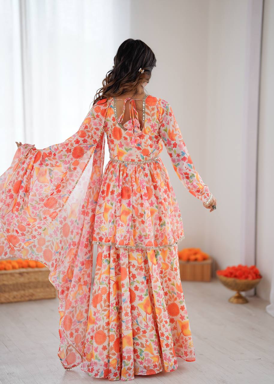 Peach Floral Anarkali Kurta Set for Women