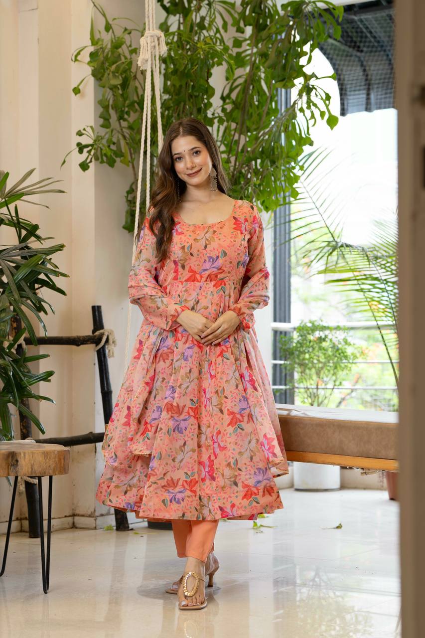 Peach Floral Anarkali Kurta Set for Women