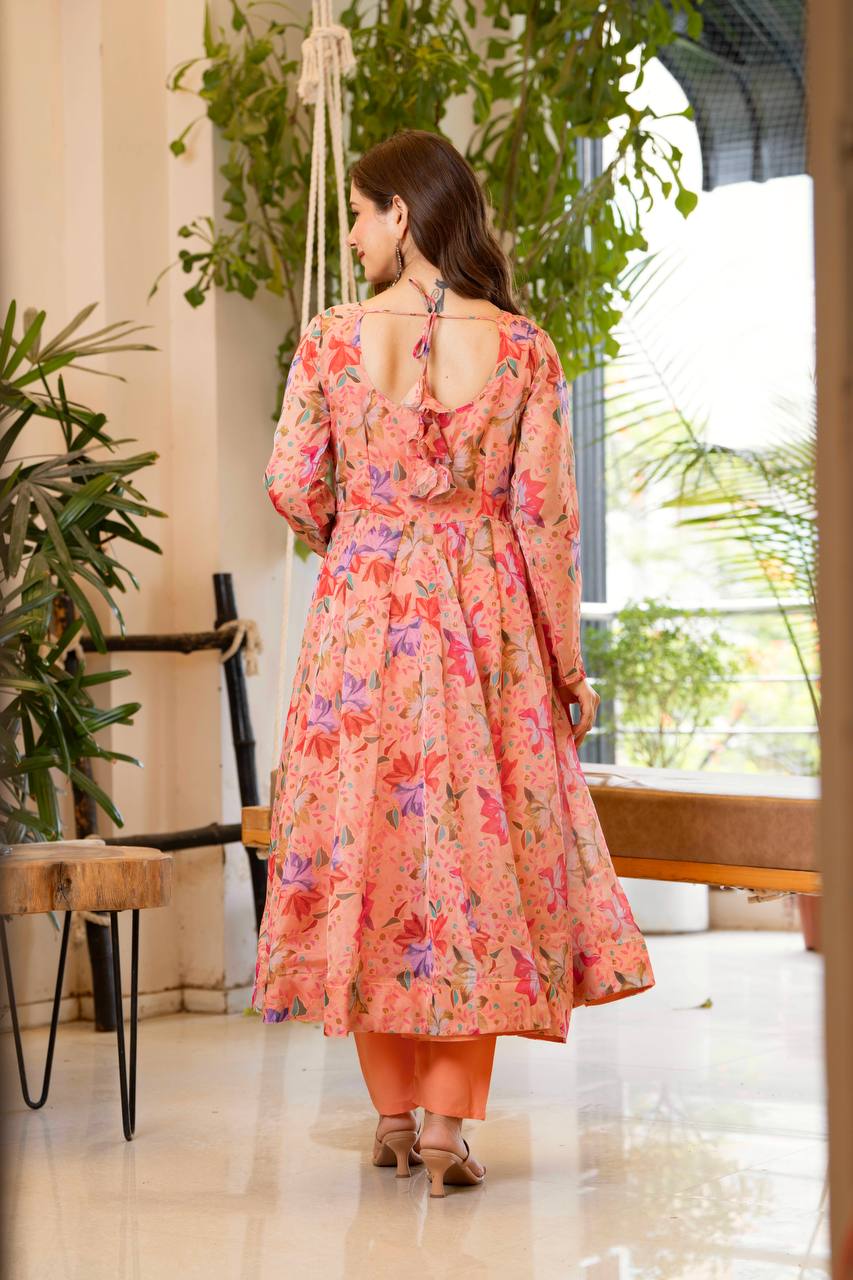 Peach Floral Anarkali Kurta Set for Women