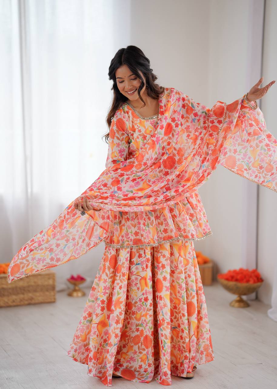 Peach Floral Anarkali Kurta Set for Women