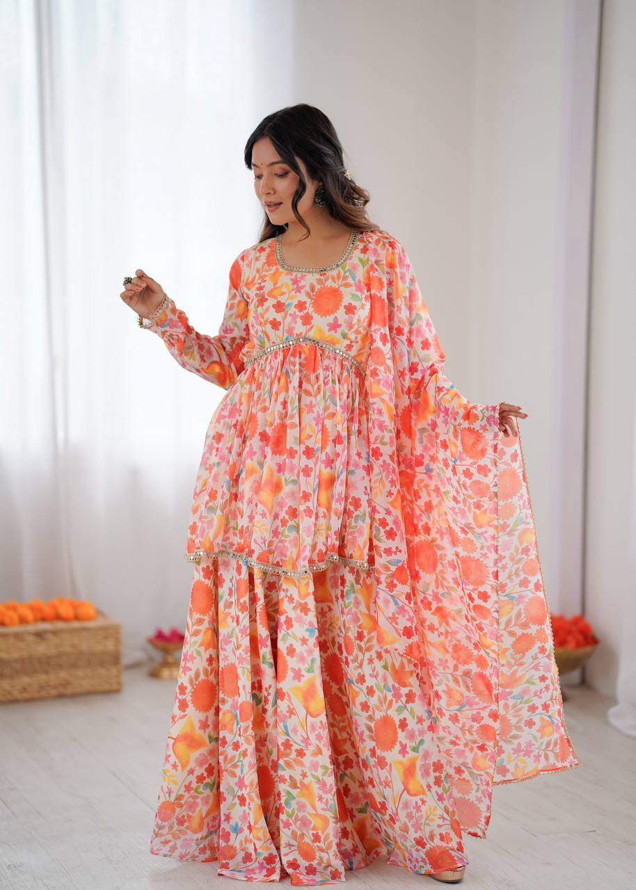 Peach Floral Anarkali Kurta Set for Women