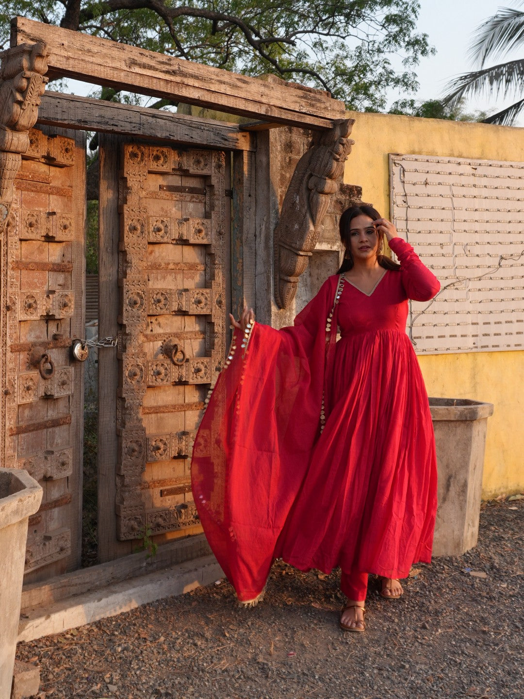 Graceful Crimson Red V-Neck Anarkali Suit for Festivities
