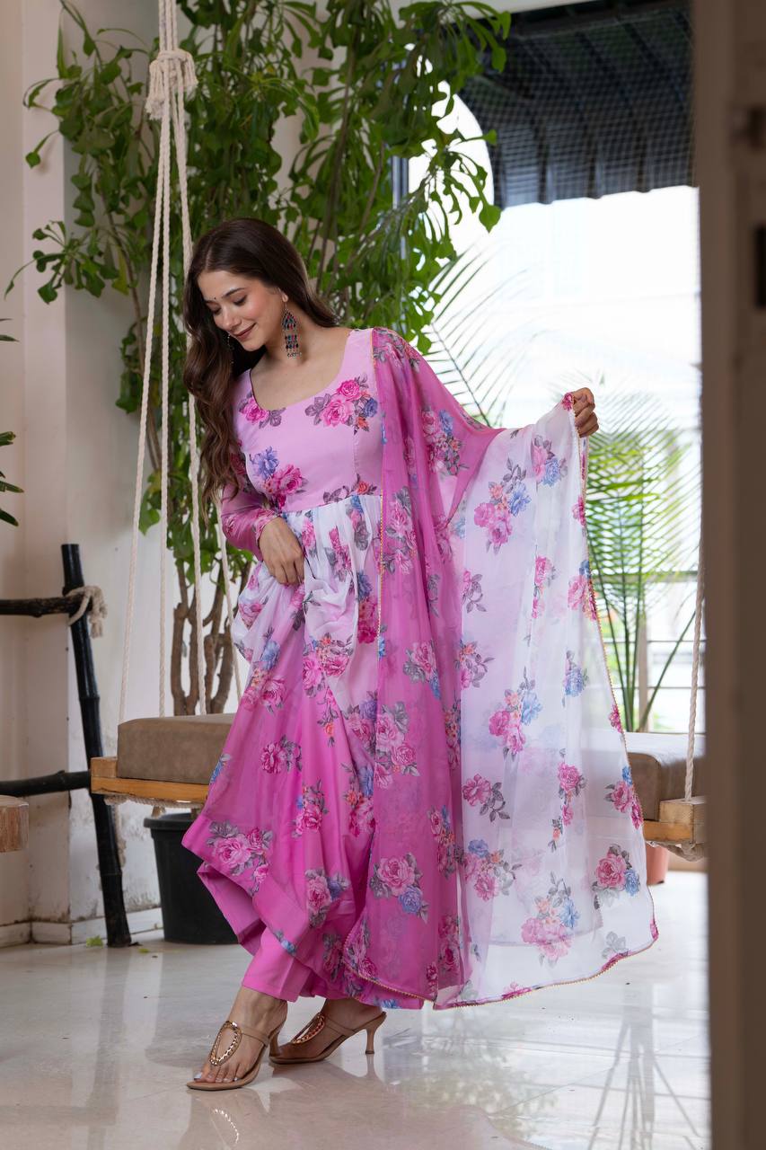 Pink Floral Anarkali Kurta Set for Women